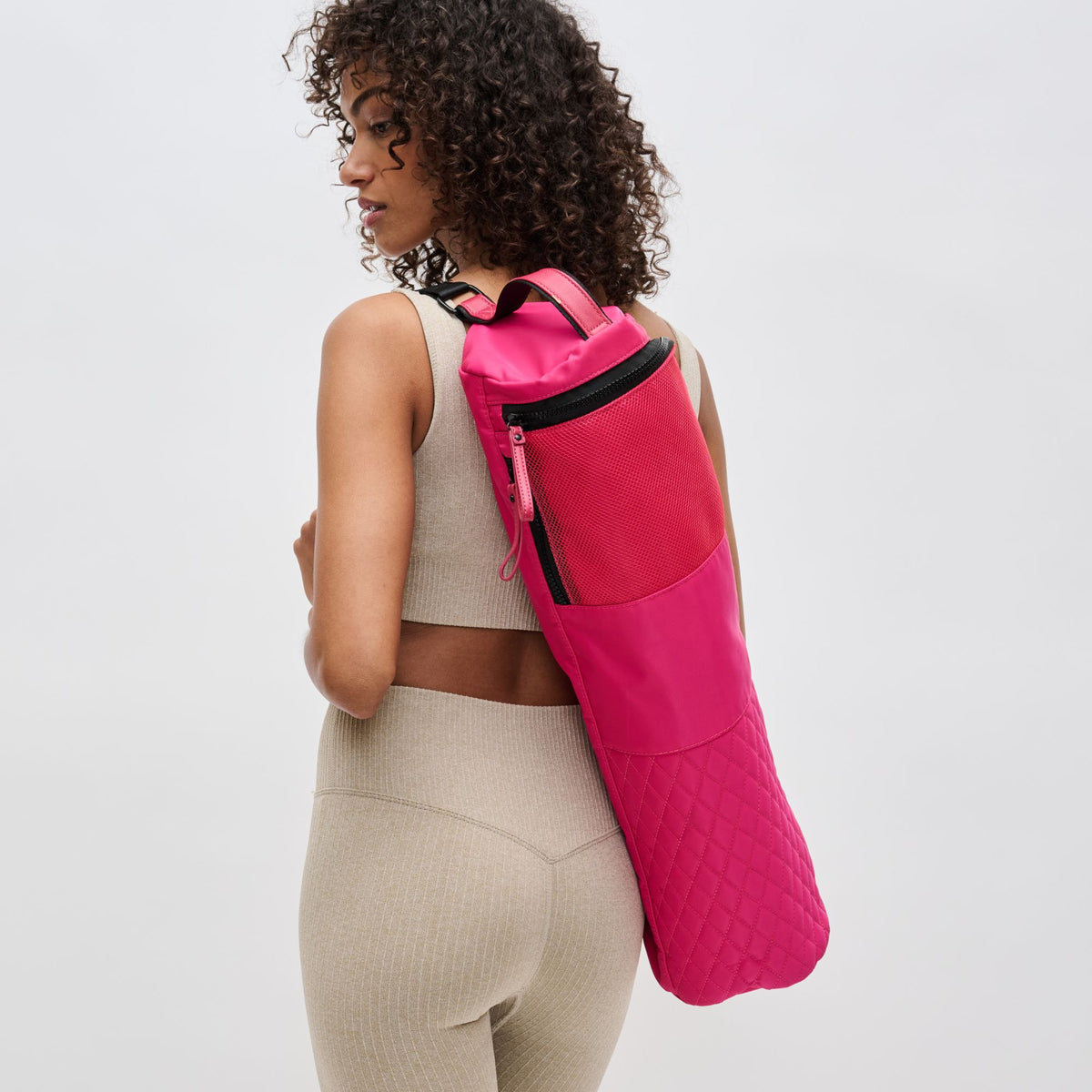 Woman wearing Pink Sol and Selene Karma - Quilted Yoga Mat Bag 841764100359 View 3 | Pink