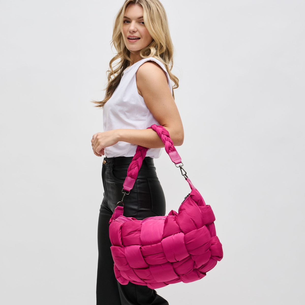 Woman wearing Magenta Sol and Selene Sixth Sense - Large Hobo 841764107662 View 3 | Magenta