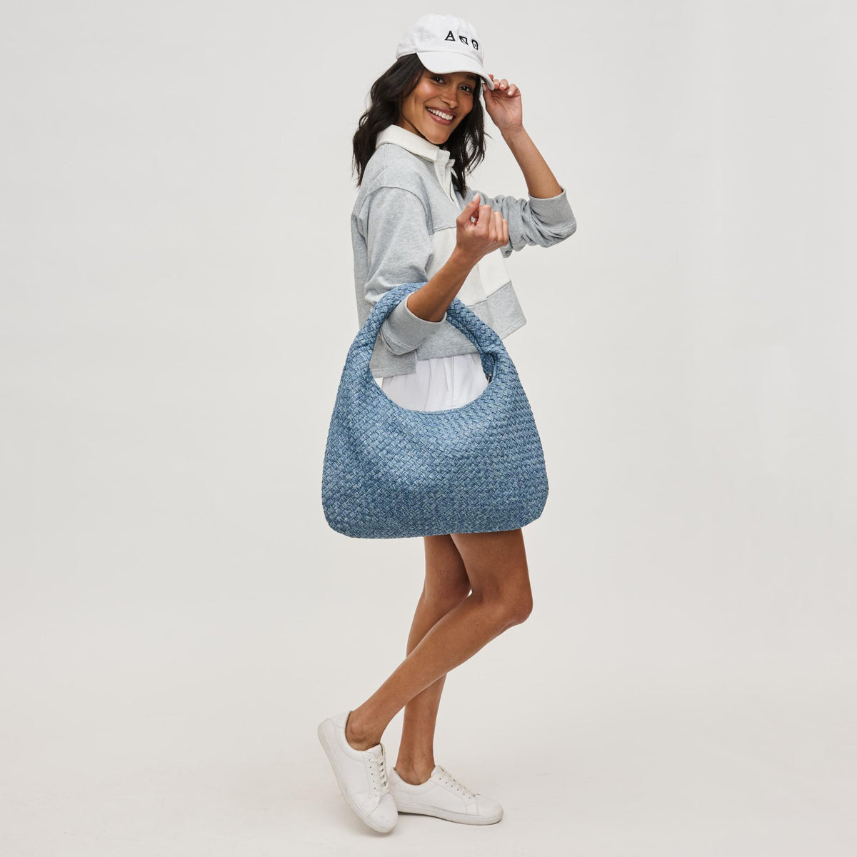 Woman wearing Denim Sol and Selene Dare to Dream - Large Woven Denim Hobo 841764111430 View 3 | Denim