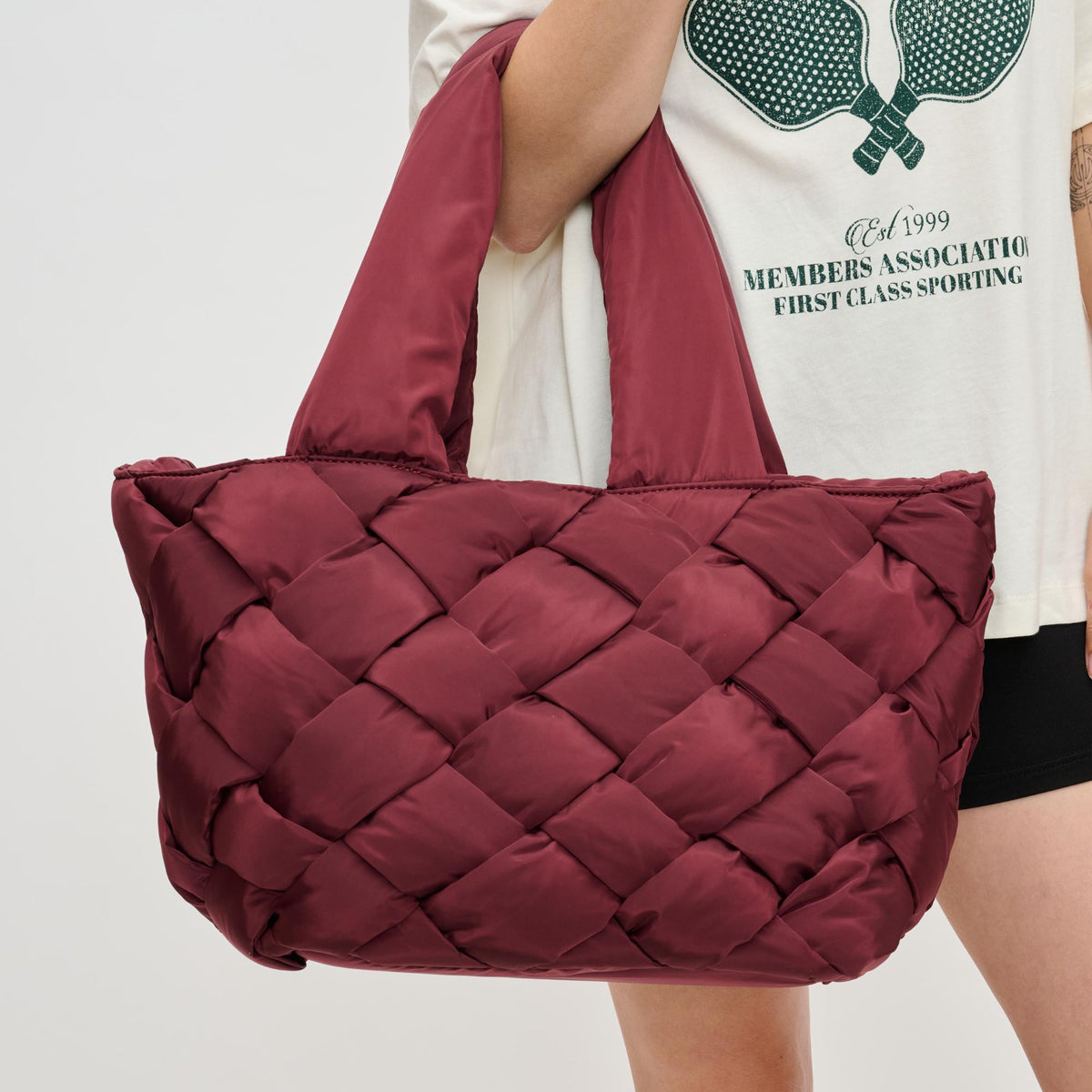 Woman wearing Burgundy Sol and Selene Intuition East West Tote 841764110518 View 4 | Burgundy