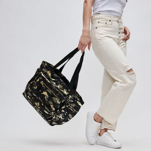 Woman wearing Green Metallic Camo Sol and Selene Gratitude Tote 841764105293 View 2 | Green Metallic Camo