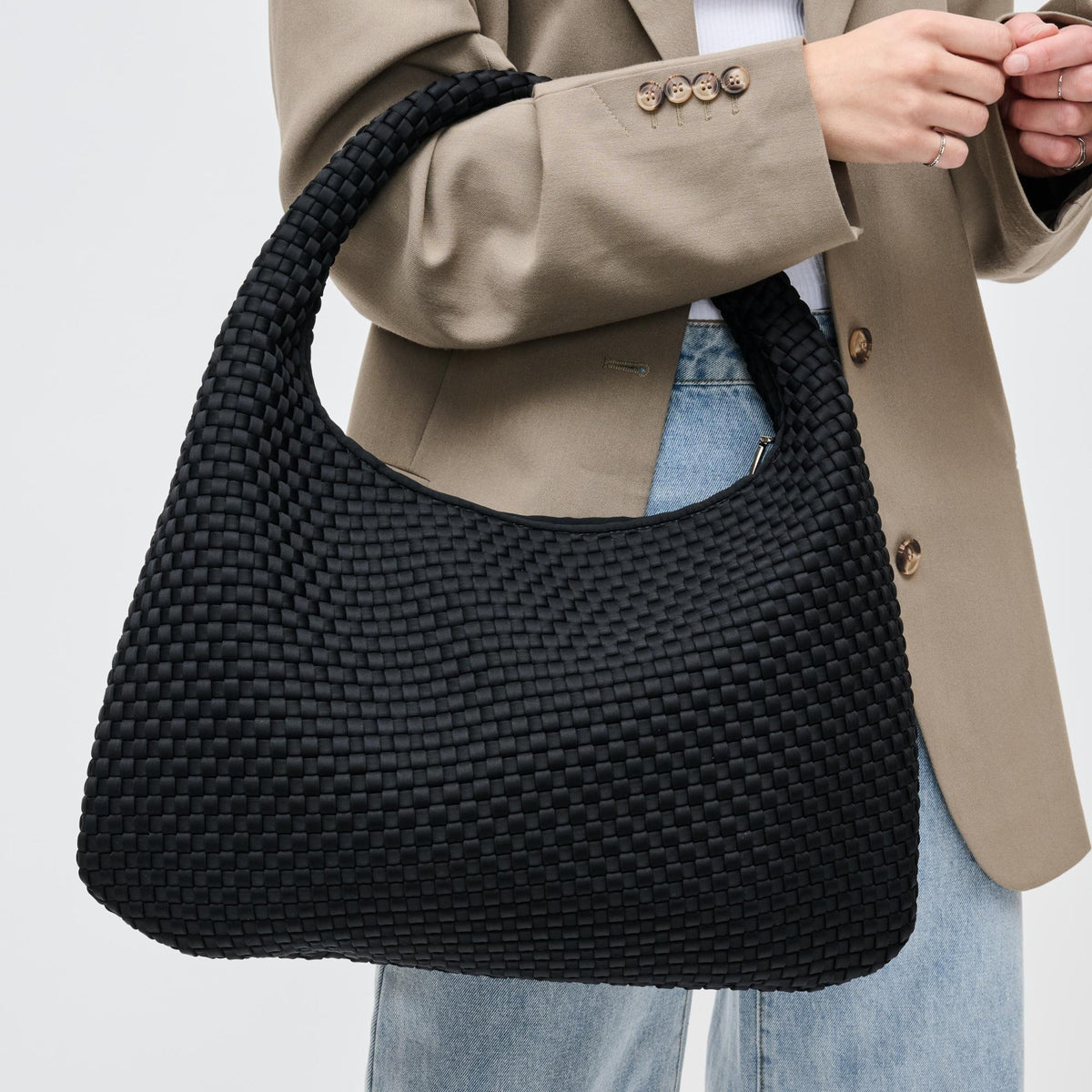 Woman wearing Black Sol and Selene Dare to Dream - Large Woven Neoprene Hobo 841764110914 View 1 | Black