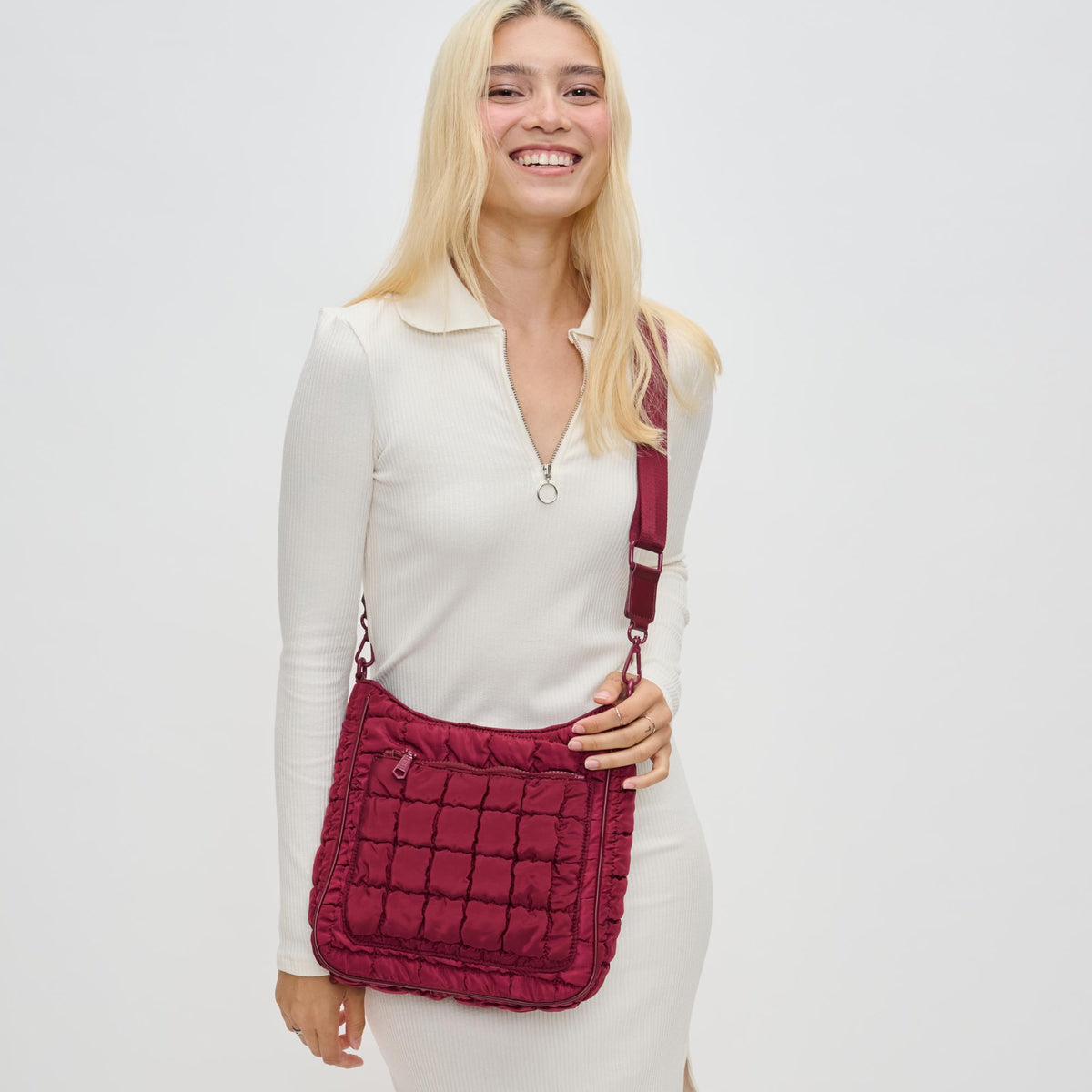 Woman wearing Burgundy Sol and Selene Aura Crossbody 841764110747 View 2 | Burgundy