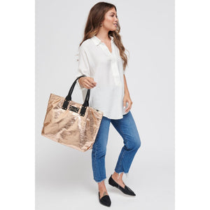 Woman wearing Rose Gold Metallic Sol and Selene It Girl Tote 841764105088 View 4 | Rose Gold Metallic