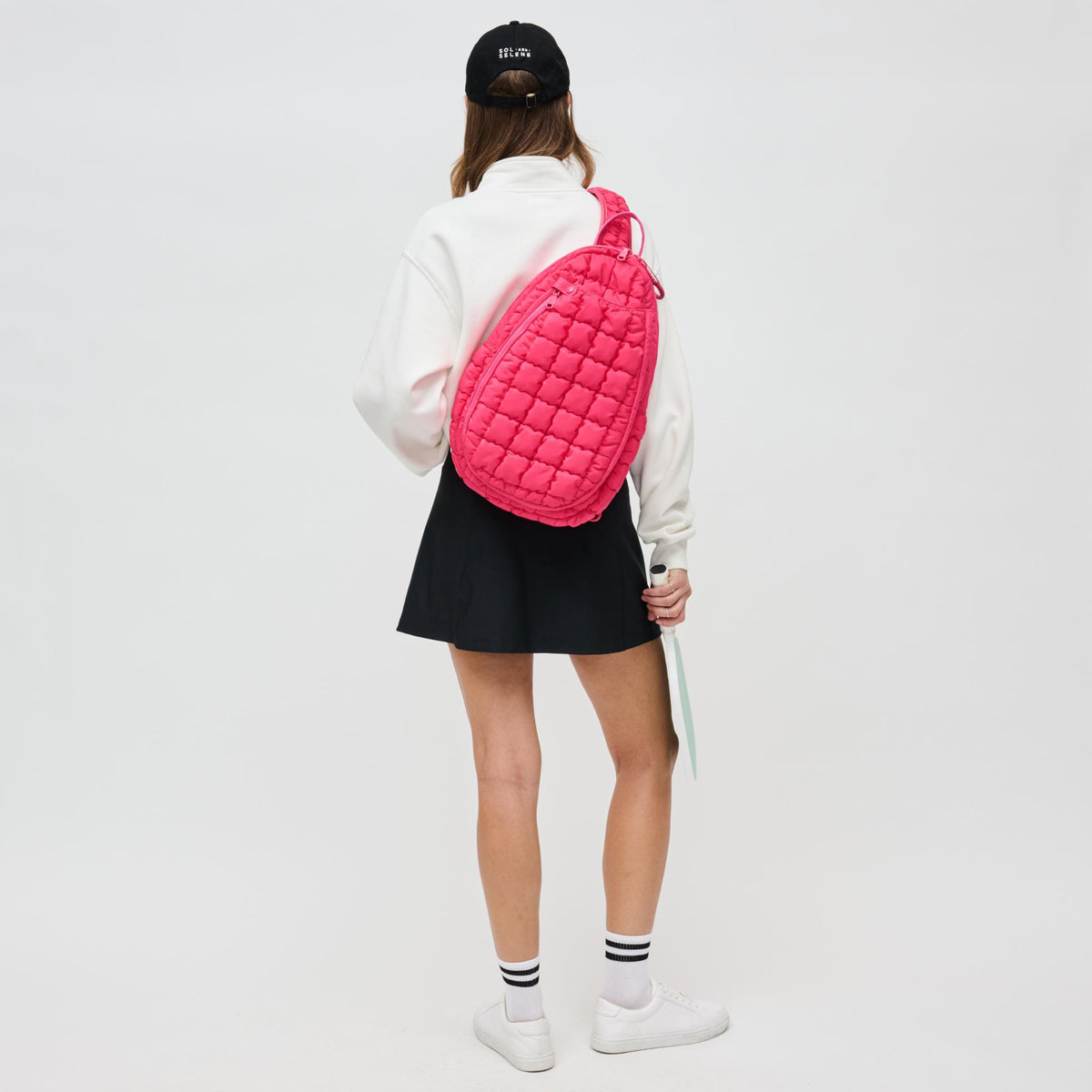 Woman wearing Hot Pink Sol and Selene Match Point - Pickleball &amp; Paddle Tennis Sling Backpack 841764111195 View 2 | Hot Pink