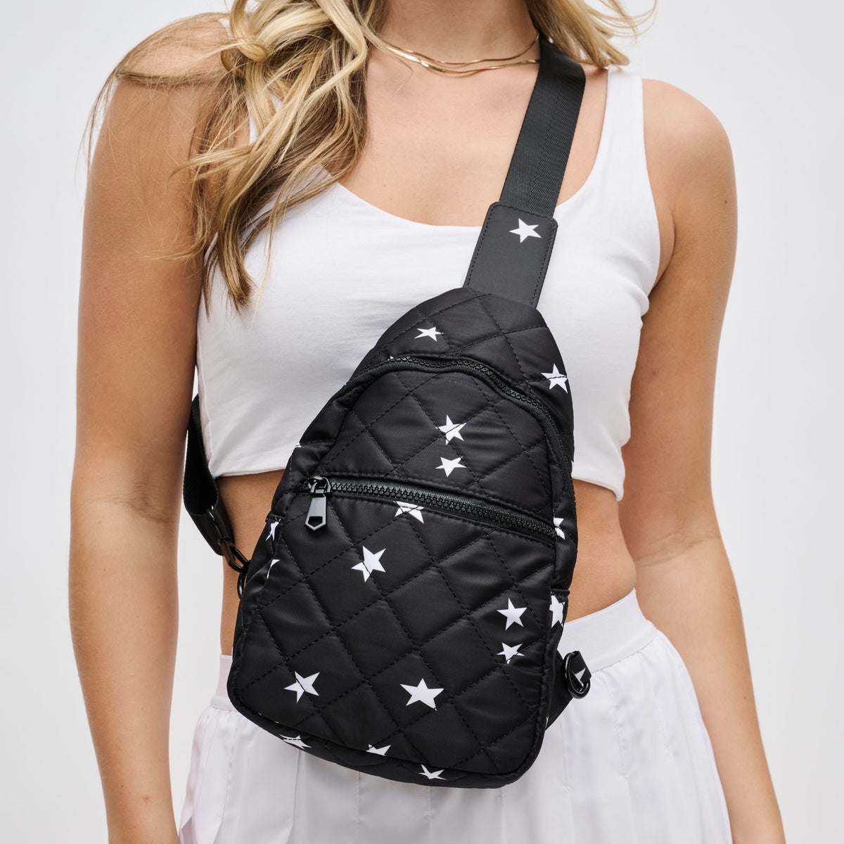 Woman wearing Black Star Sol and Selene Motivator Sling Backpack 841764106887 View 1 | Black Star