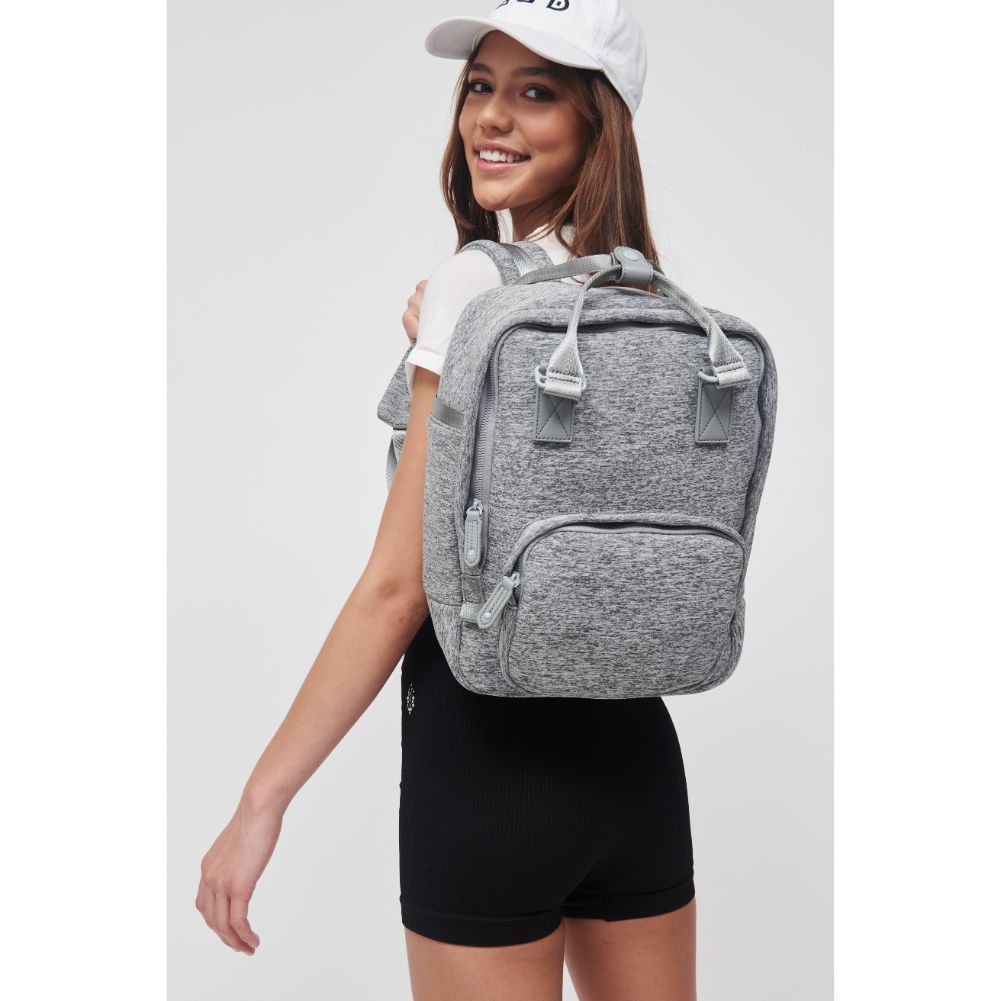 Woman wearing Heather Grey Sol and Selene Iconic - Neoprene Backpack 841764106672 View 2 | Heather Grey