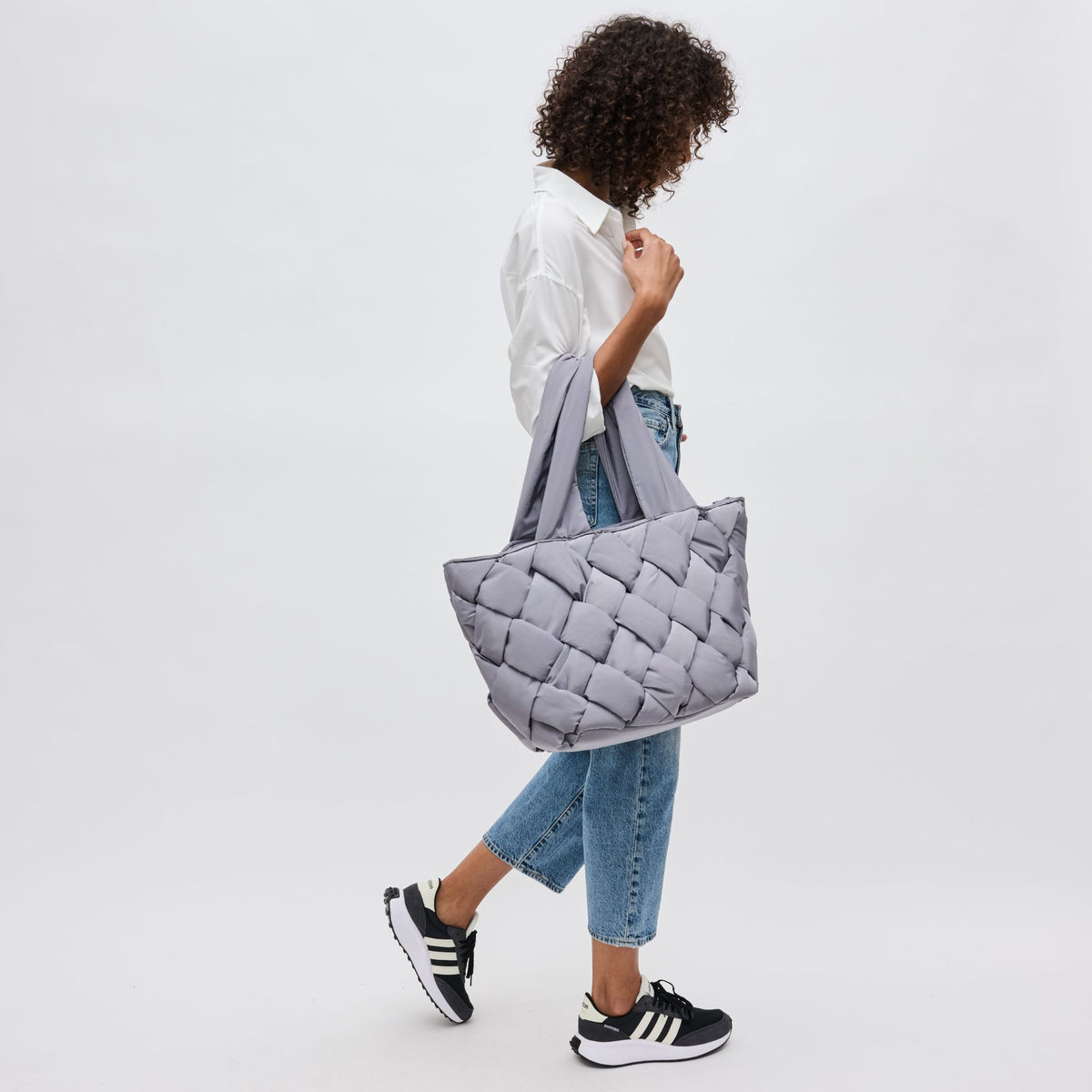 Woman wearing Carbon Sol and Selene Intuition East West Tote 841764107334 View 2 | Carbon