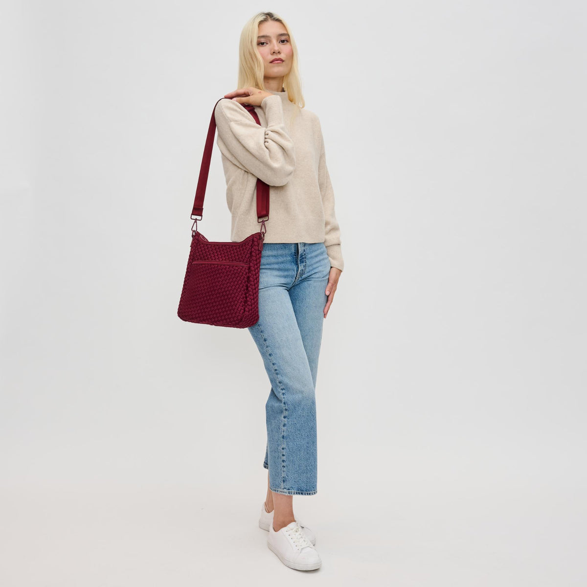 Woman wearing Wine Sol and Selene Kismet - Woven Neoprene Crossbody 841764110181 View 2 | Wine