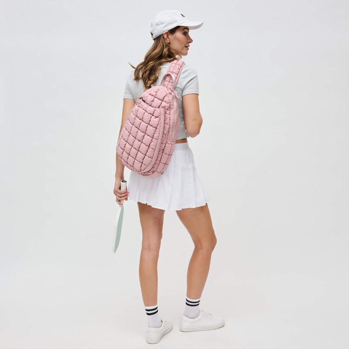 Woman wearing Rose Sol and Selene Match Point - Pickleball &amp; Paddle Tennis Sling Backpack 841764111188 View 4 | Rose