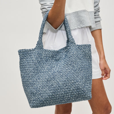 Woman wearing Denim Sol and Selene Sky's The Limit - Medium Denim Tote 841764111294 View 1 | Denim