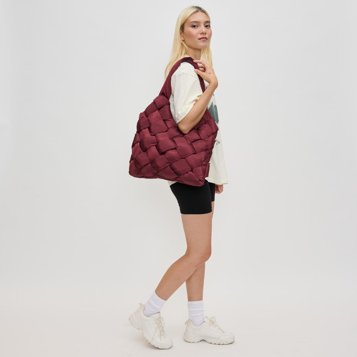 Woman wearing Burgundy Sol and Selene Illumine Tote 841764110792 View 2 | Burgundy