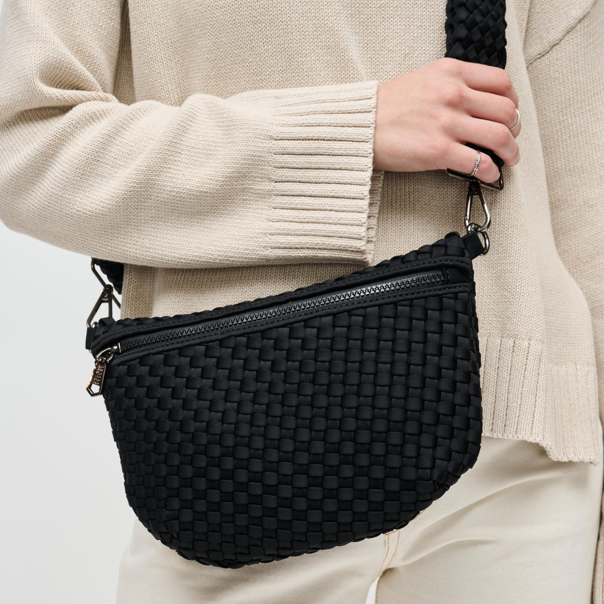 Woman wearing Black Sol and Selene Ethereal - Woven Neoprene Crossbody 841764110839 View 4 | Black