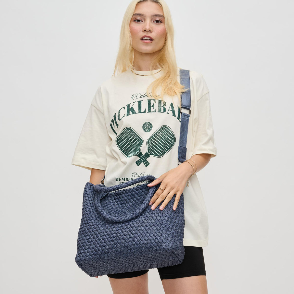 Woman wearing Dark Denim Sol and Selene Sky&#39;s The Limit - Medium Tote 841764110365 View 1 | Dark Denim