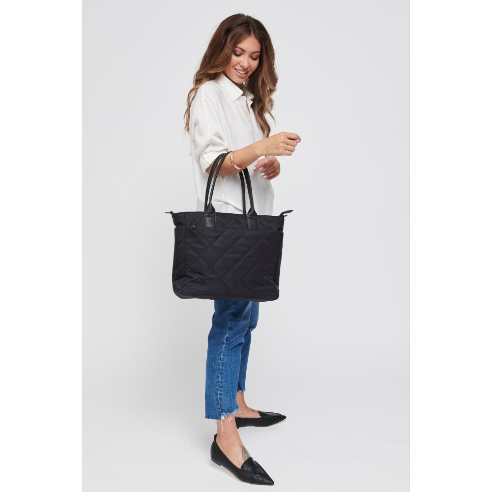 Woman wearing Black Sol and Selene Motivator East West Tote 841764105729 View 2 | Black