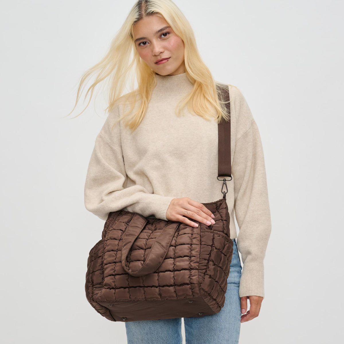 Woman wearing Brown Sol and Selene Dreamer Tote 841764110617 View 1 | Brown