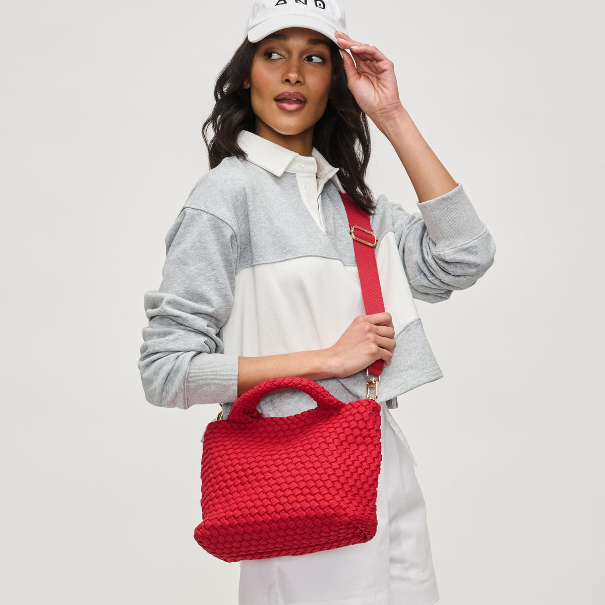 Woman wearing Red Sol and Selene Sky&#39;s The Limit - Small Sustainable Crossbody 841764111751 View 3 | Red