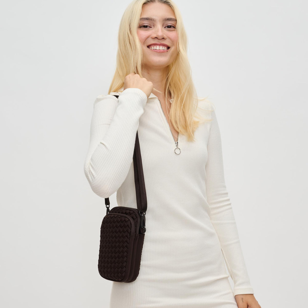 Woman wearing Chocolate Sol and Selene Divide & Conquer - Woven Neoprene Crossbody 841764110228 View 3 | Chocolate