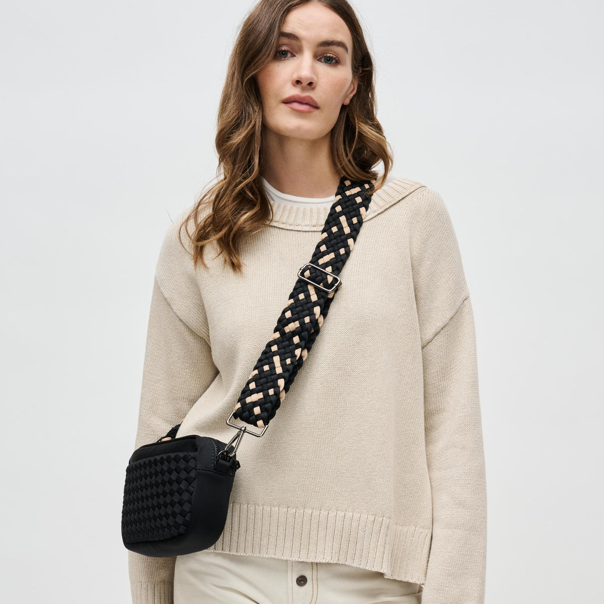 Woman wearing Black Nude Sol and Selene Prosperous - Woven Neoprene Shoulder Strap 841764111041 View 2 | Black Nude