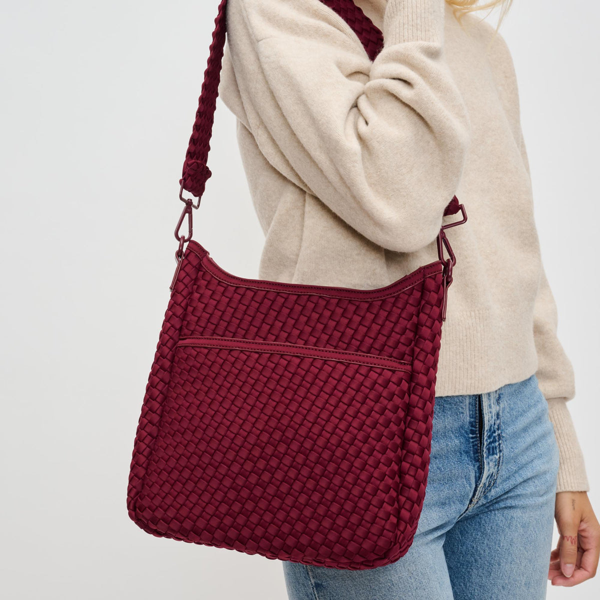 Woman wearing Wine Sol and Selene Kismet - Woven Neoprene Crossbody 841764110181 View 4 | Wine