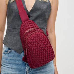 Woman wearing Wine Sol and Selene Beyond The Horizon - Woven Neoprene Sling Backpack 841764110457 View 1 | Wine