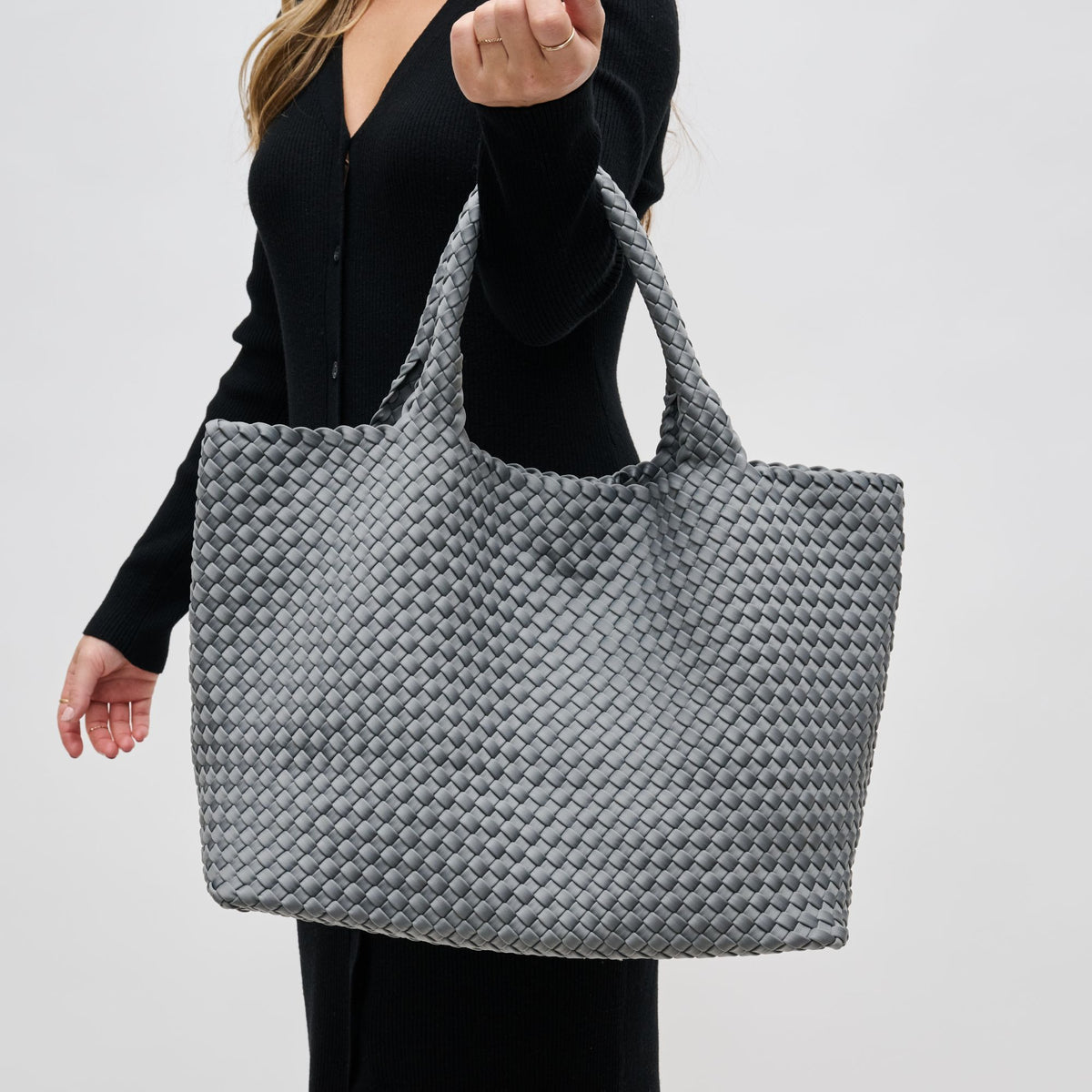 Woman wearing Grey Sol and Selene Sky's The Limit - Large Tote 841764108218 View 4 | Grey