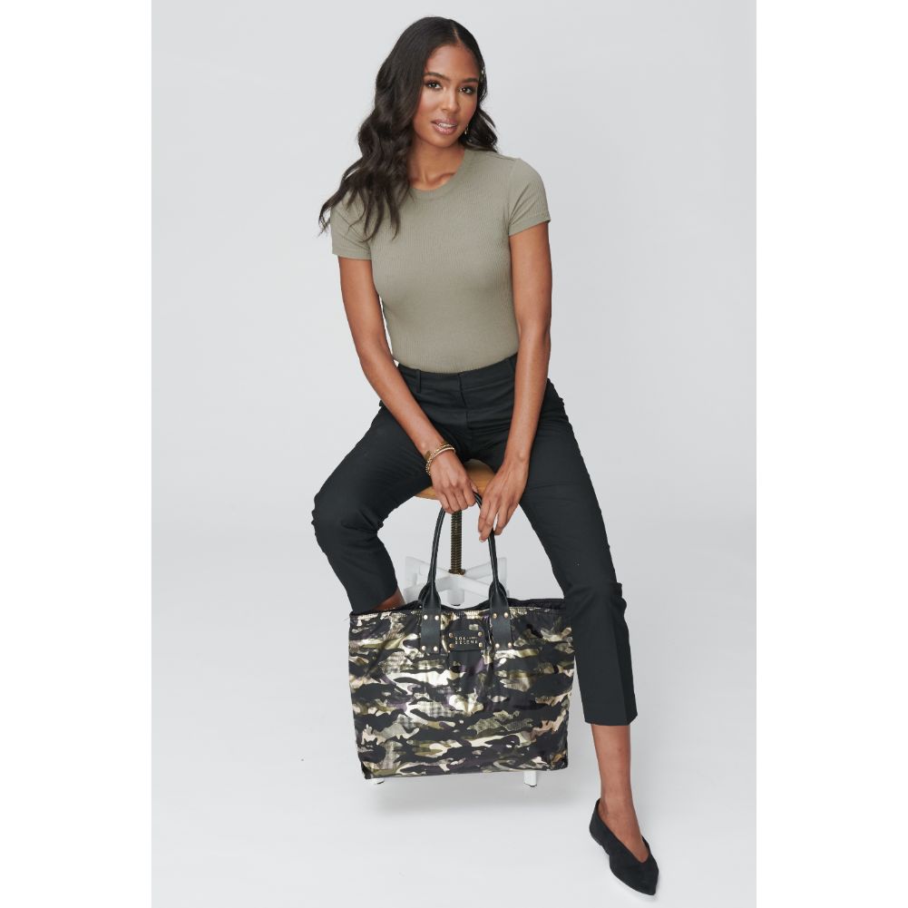 Woman wearing Green Metallic Camo Sol and Selene It Girl Tote 841764104562 View 2 | Green Metallic Camo