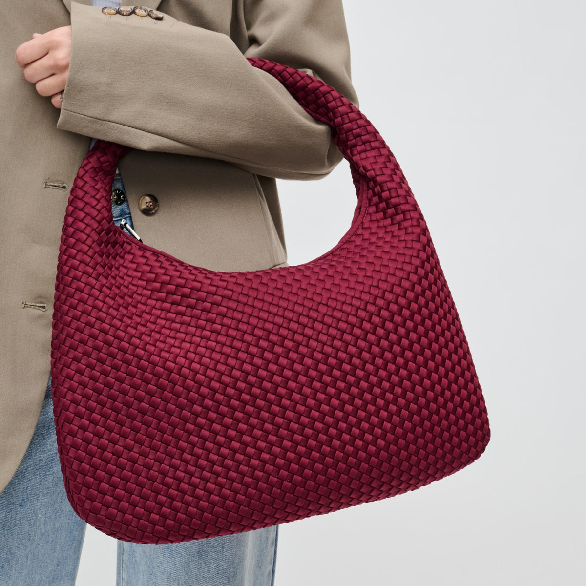 Woman wearing Wine Sol and Selene Dare to Dream - Large Woven Neoprene Hobo 841764110969 View 2 | Wine