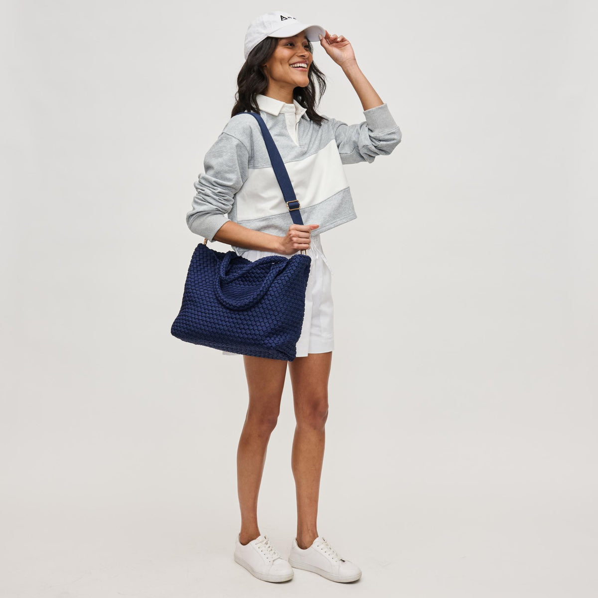 Woman wearing Navy Sol and Selene Sky&#39;s The Limit - Medium Sustainable Tote 841764111614 View 4 | Navy