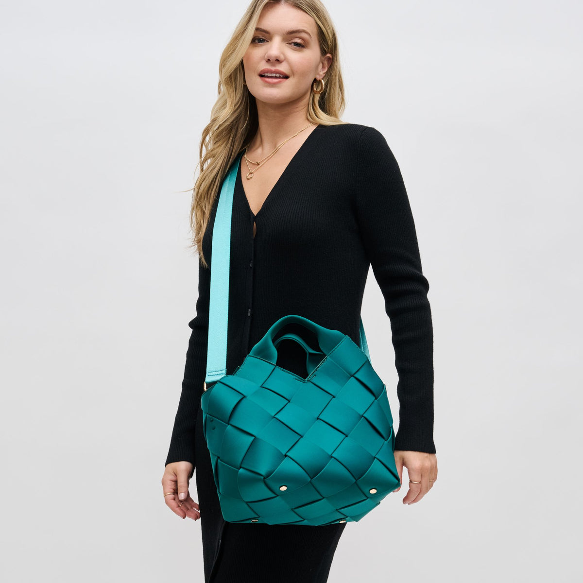 Woman wearing Forest Sol and Selene Resilience - Woven Neoprene Tote 841764108591 View 2 | Forest