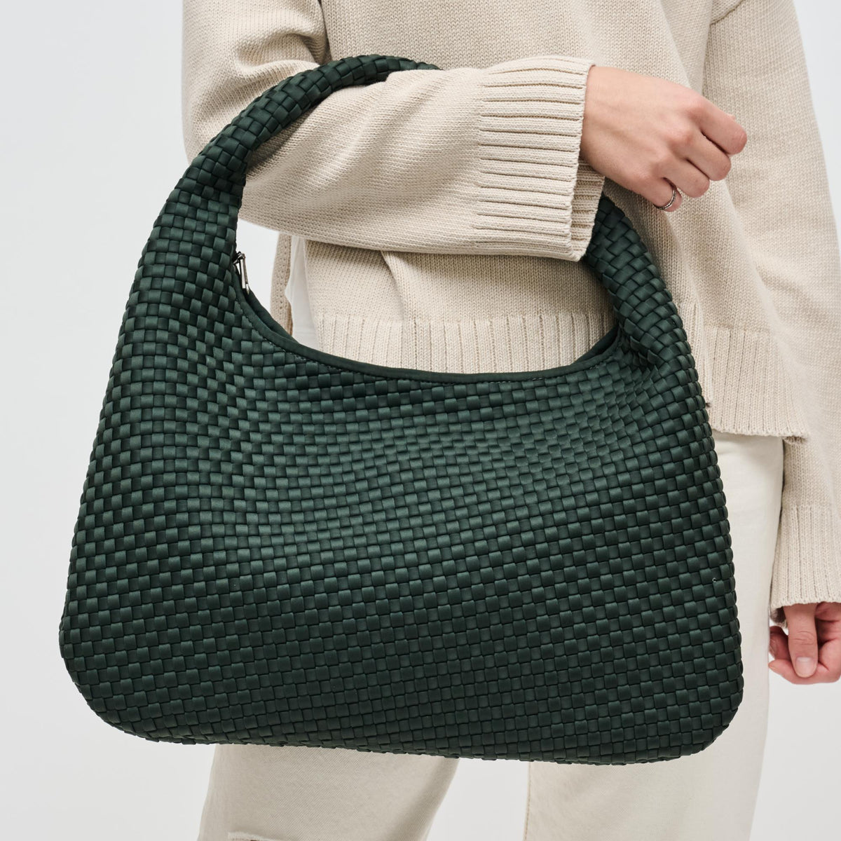 Woman wearing Olive Sol and Selene Dare to Dream - Large Woven Neoprene Hobo 841764110952 View 1 | Olive