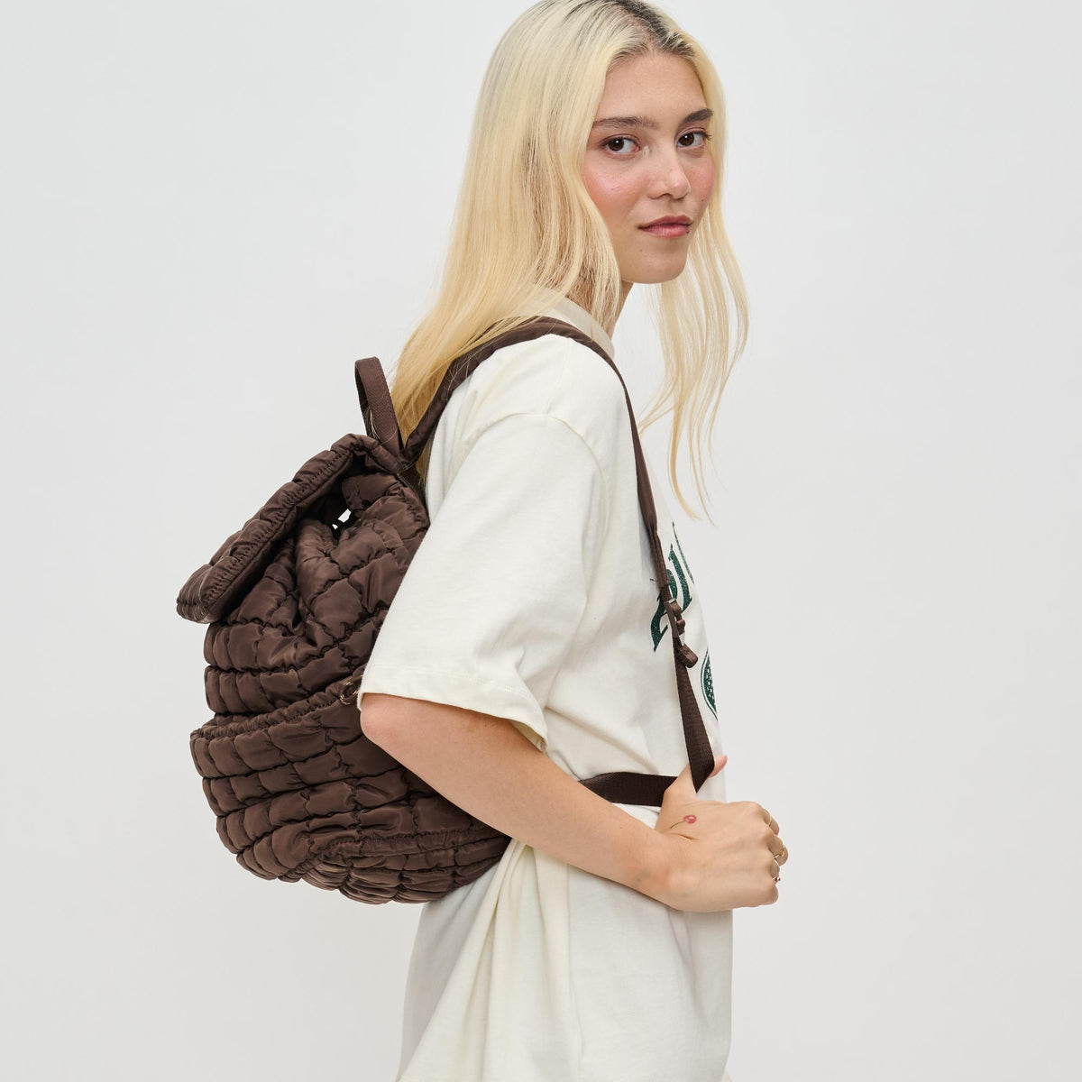 Woman wearing Brown Sol and Selene Vitality Backpack 841764110655 View 3 | Brown