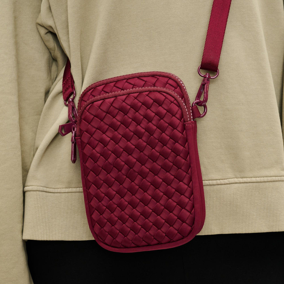 Woman wearing Wine Sol and Selene Divide & Conquer - Woven Neoprene Crossbody 841764110211 View 4 | Wine