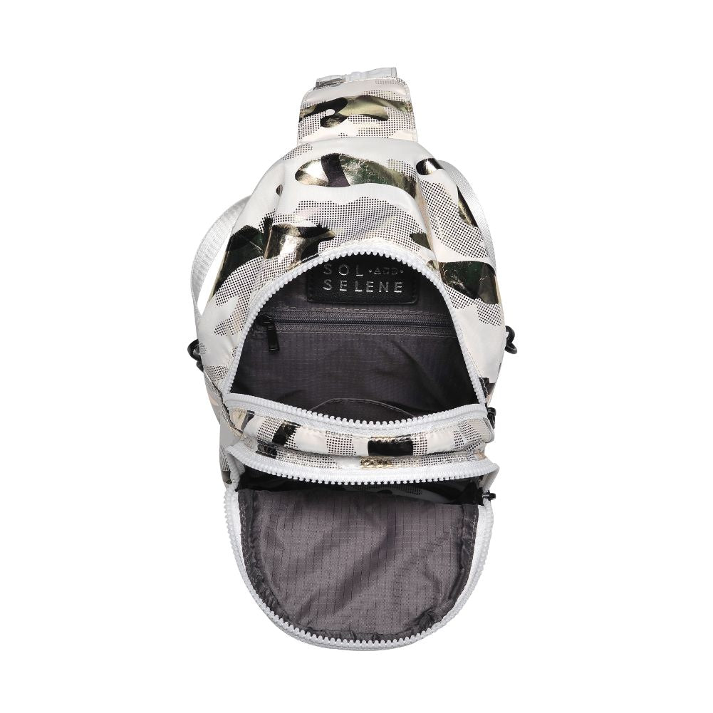 Product Image of Sol and Selene On The Run Sling Backpack 841764106290 View 8 | White Metallic Camo