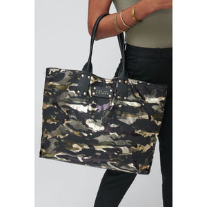 Woman wearing Green Metallic Camo Sol and Selene It Girl Tote 841764104562 View 1 | Green Metallic Camo