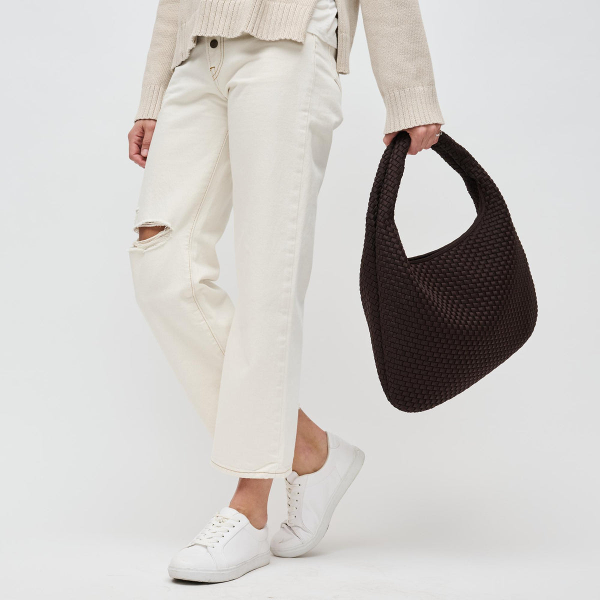 Woman wearing Chocolate Sol and Selene Dare to Dream - Large Woven Neoprene Hobo 841764110938 View 4 | Chocolate