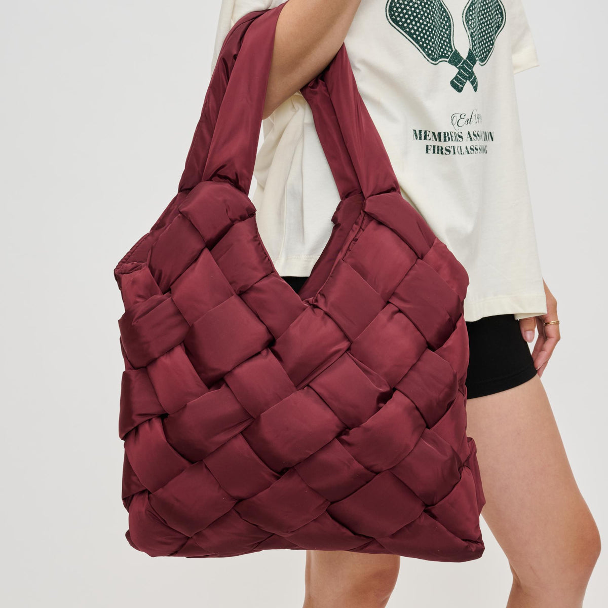 Woman wearing Burgundy Sol and Selene Illumine Tote 841764110792 View 1 | Burgundy