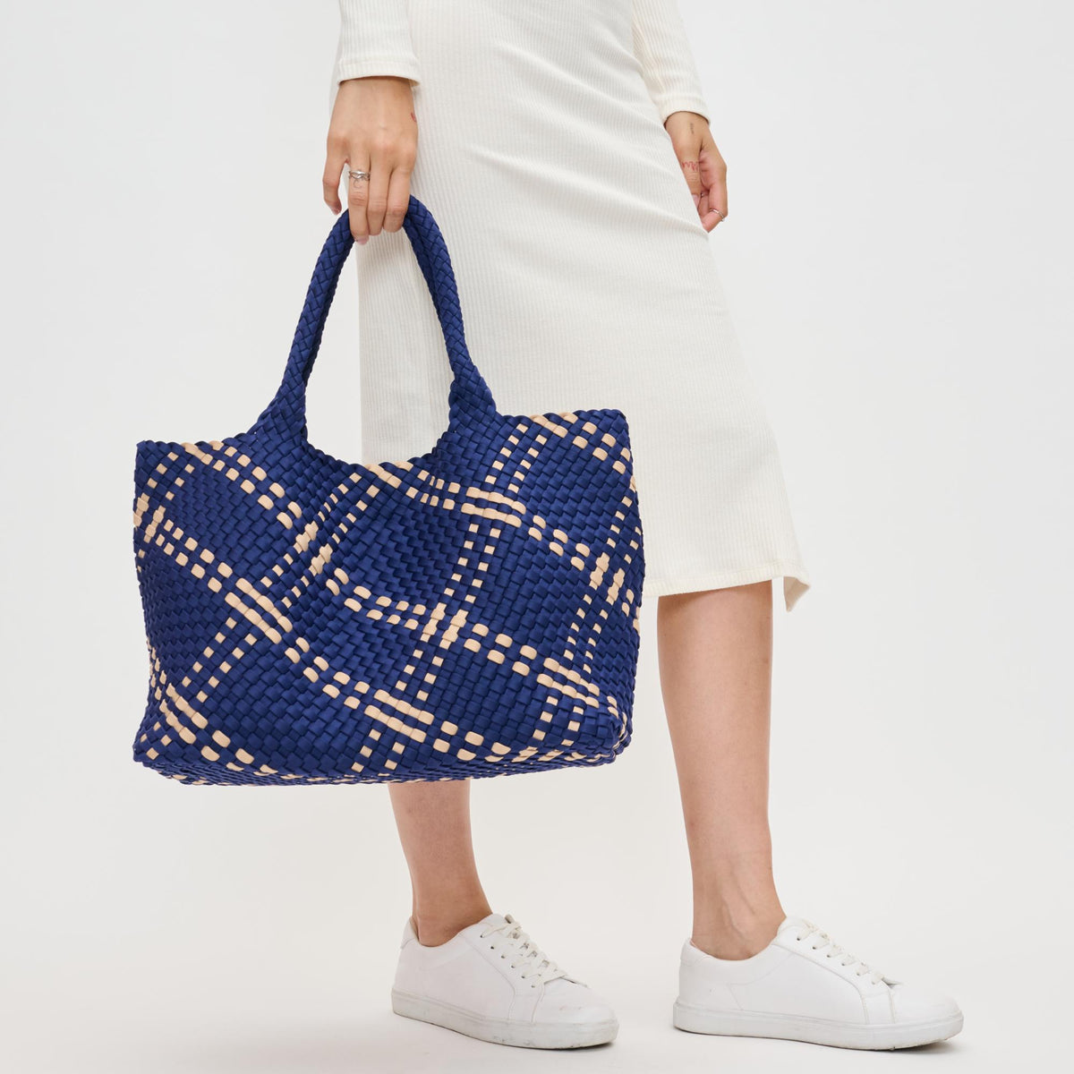 Woman wearing Navy Nude Sol and Selene Sky's The Limit - Large Tote 841764110259 View 2 | Navy Nude