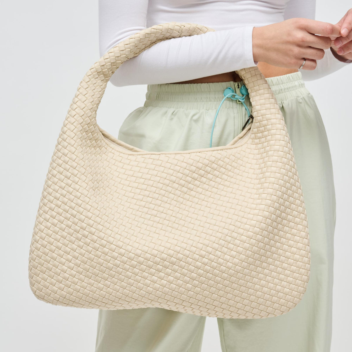 Woman wearing Cream Sol and Selene Dare to Dream - Large Woven Neoprene Hobo 841764110921 View 4 | Cream