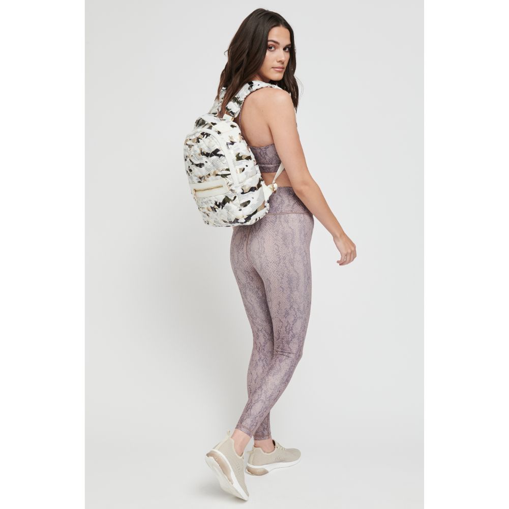 Woman wearing White Metallic Camo Sol and Selene All Star Backpack 841764105163 View 3 | White Metallic Camo