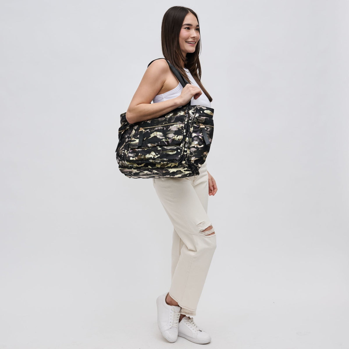 Woman wearing Green Metallic Camo Sol and Selene Gratitude Tote 841764105293 View 3 | Green Metallic Camo