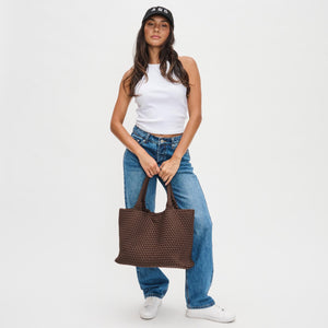 Woman wearing Chocolate Sol and Selene Sky's The Limit - Large Tote 841764110242 View 3 | Chocolate