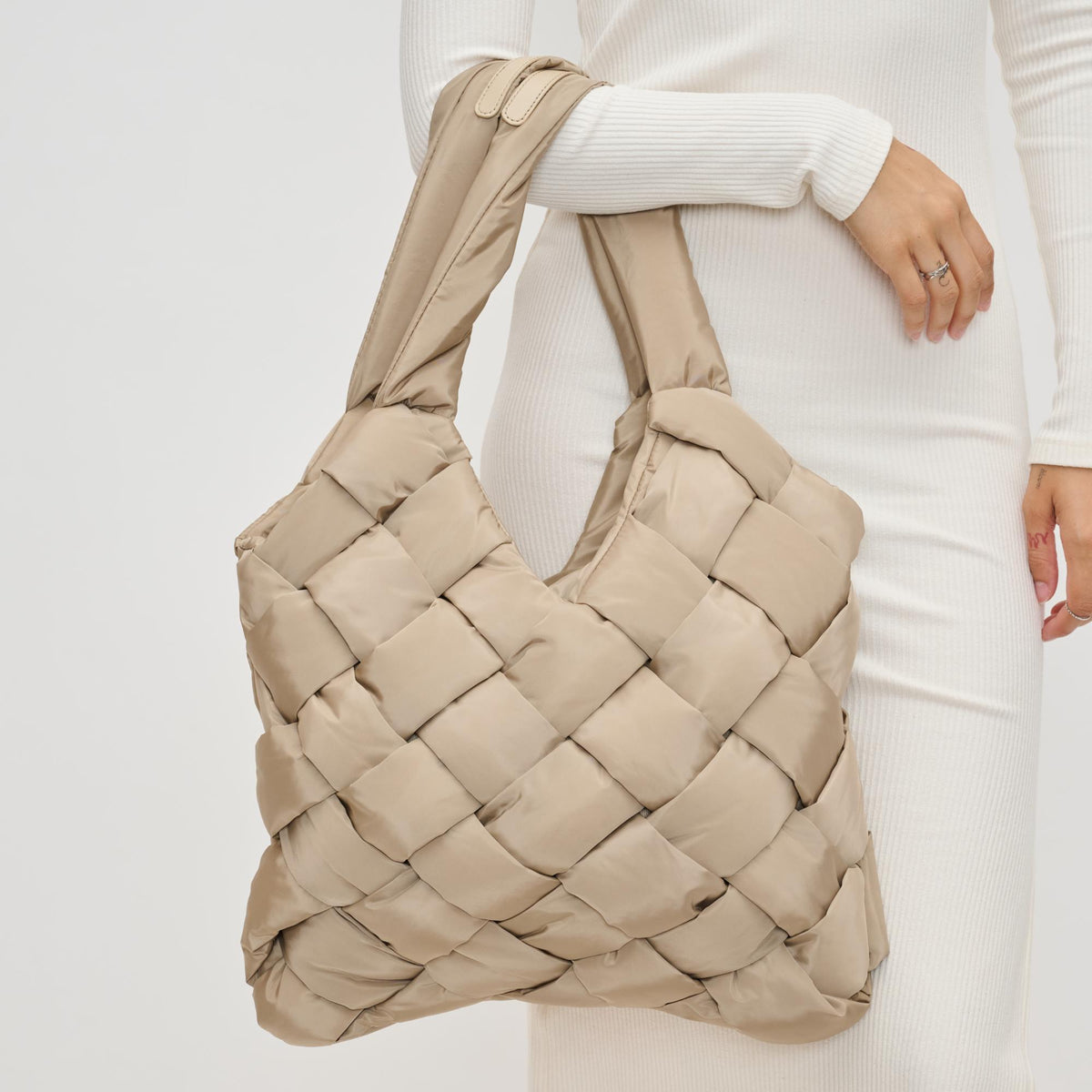 Woman wearing Nude Sol and Selene Illumine Tote 841764110815 View 3 | Nude