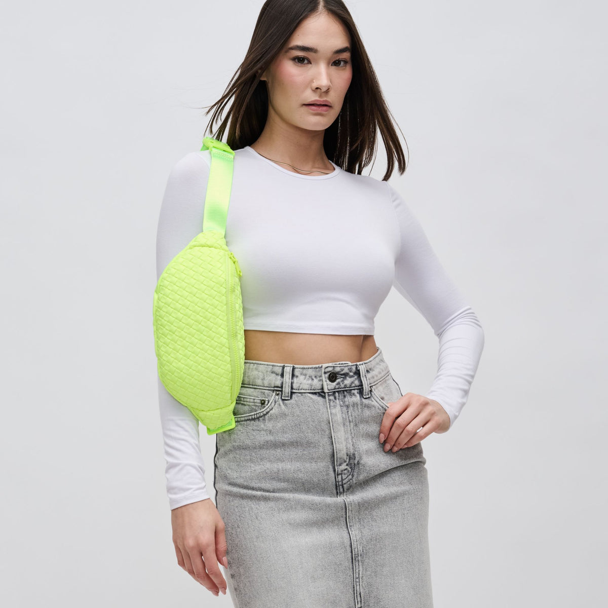 Woman wearing Neon Yellow Sol and Selene Aim High Belt Bag 841764109192 View 3 | Neon Yellow