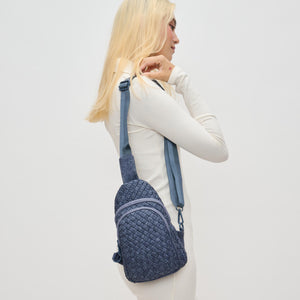 Woman wearing Dark Denim Sol and Selene Beyond The Horizon - Woven Neoprene Sling Backpack 841764110433 View 2 | Dark Denim