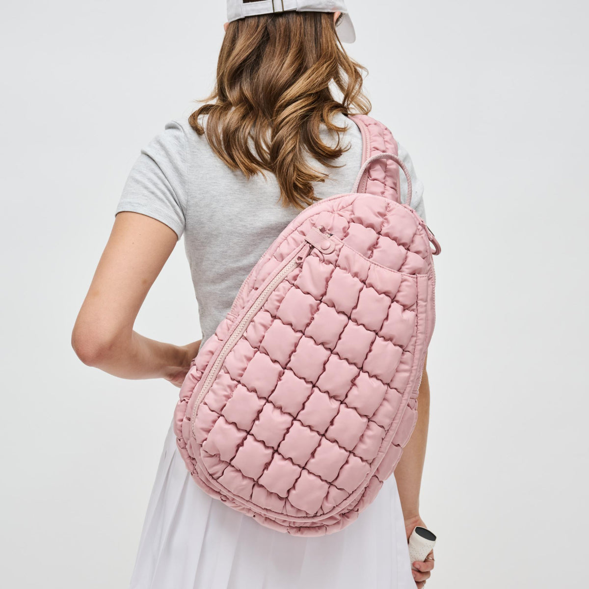 Woman wearing Rose Sol and Selene Match Point - Pickleball & Paddle Tennis Sling Backpack 841764111188 View 3 | Rose