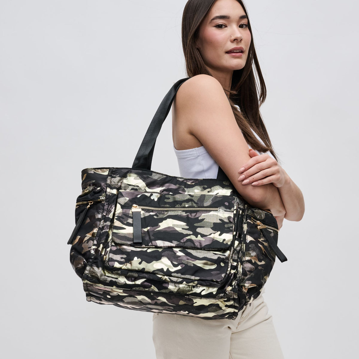 Woman wearing Green Metallic Camo Sol and Selene Gratitude Tote 841764105293 View 1 | Green Metallic Camo