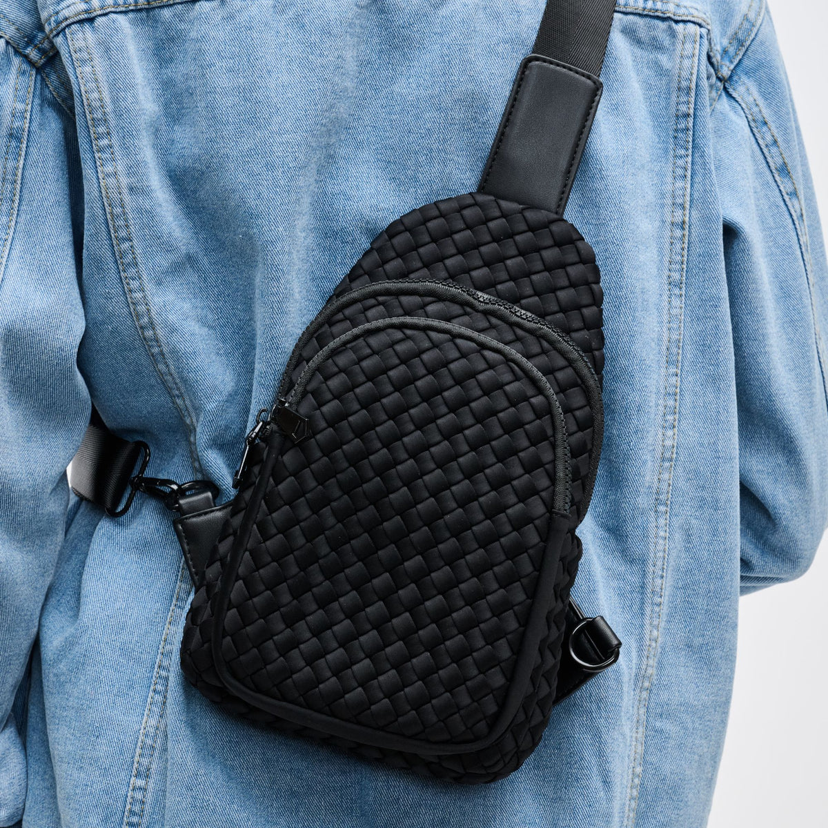 Woman wearing Black Sol and Selene Beyond The Horizon - Woven Neoprene Sling Backpack 841764108034 View 4 | Black