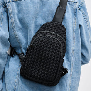 Woman wearing Black Sol and Selene Beyond The Horizon - Woven Neoprene Sling Backpack 841764108034 View 4 | Black