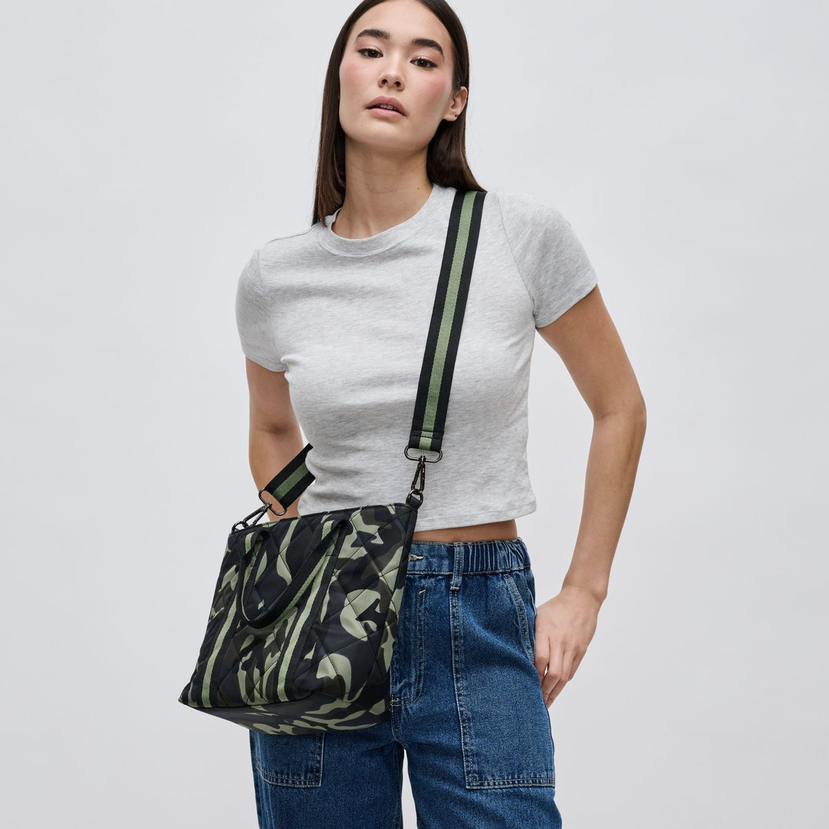 Woman wearing Camo Sol and Selene Motivator Mini Tote Mini Tote 841764106498 View 1 | Camo